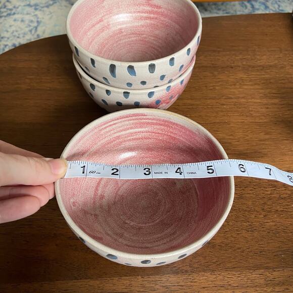 Old House Pottery Seagrove NC Fred Beane Pink and Blue Polka Dot Bowls (3) - Picture 5 of 6